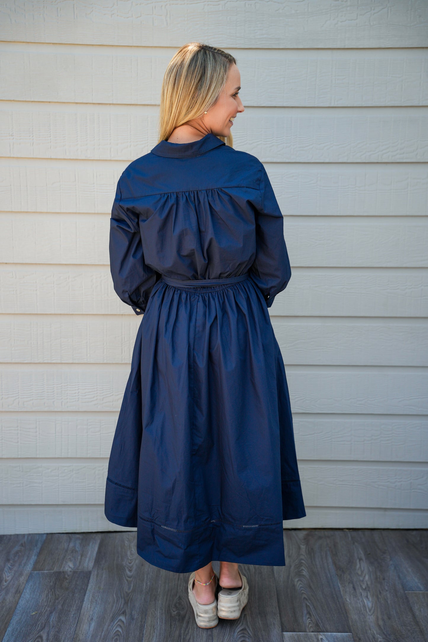 Eyelet Detailed Button Down Midi Dress - Blue Black