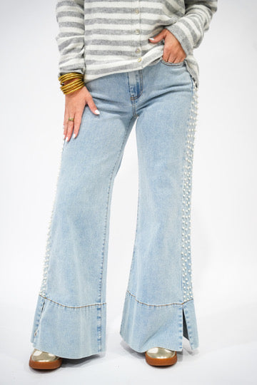 Mid Rise Flare Jean w/Split Cuff - Pearl Embellishment