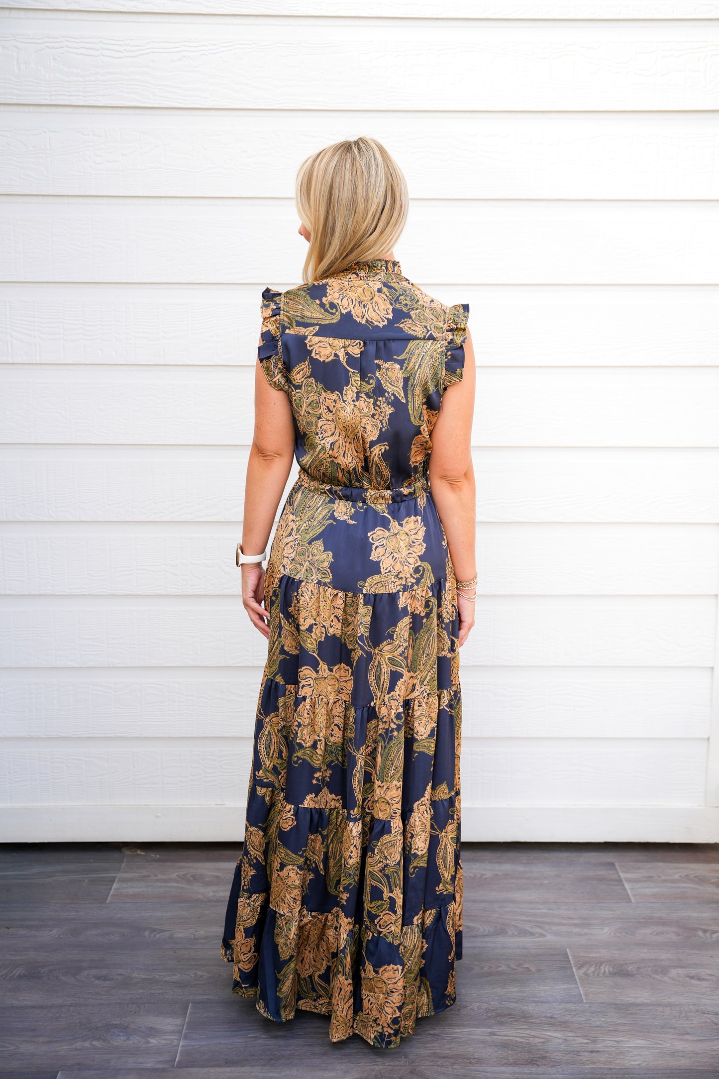 Gold Ink Floral Tiered Maxi Dress
