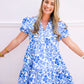 Blue Flower Print Tiered Dress