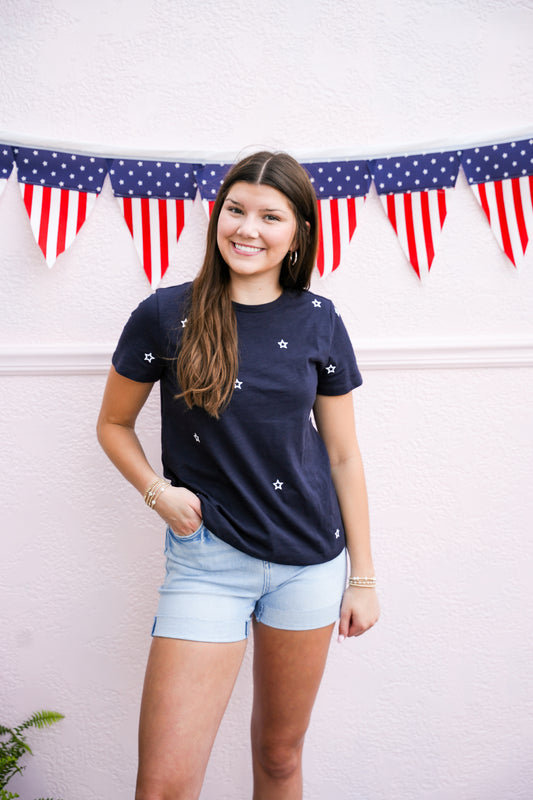 Star Embroidered Cotton Tee - Navy