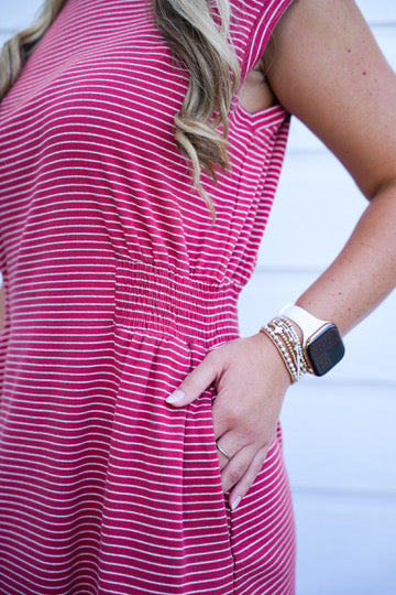Striped Crew Neck Mini Dress - Crimson Red
