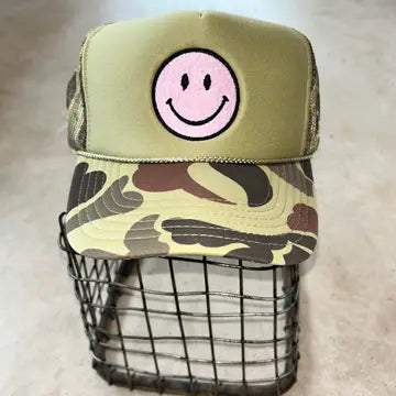 Pink Smiley Camo Trucker Hat