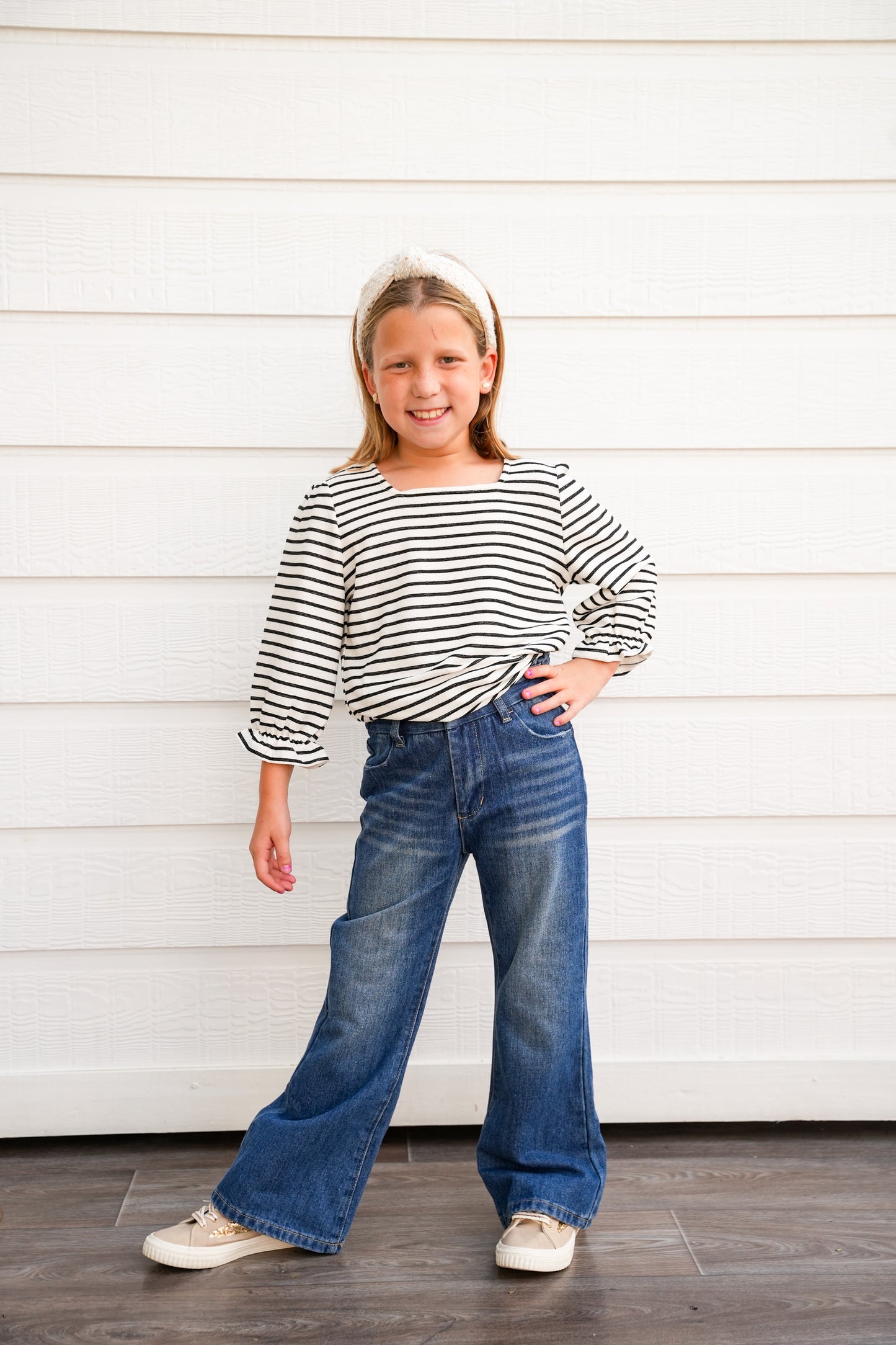 White Black Striped Square Neck Top