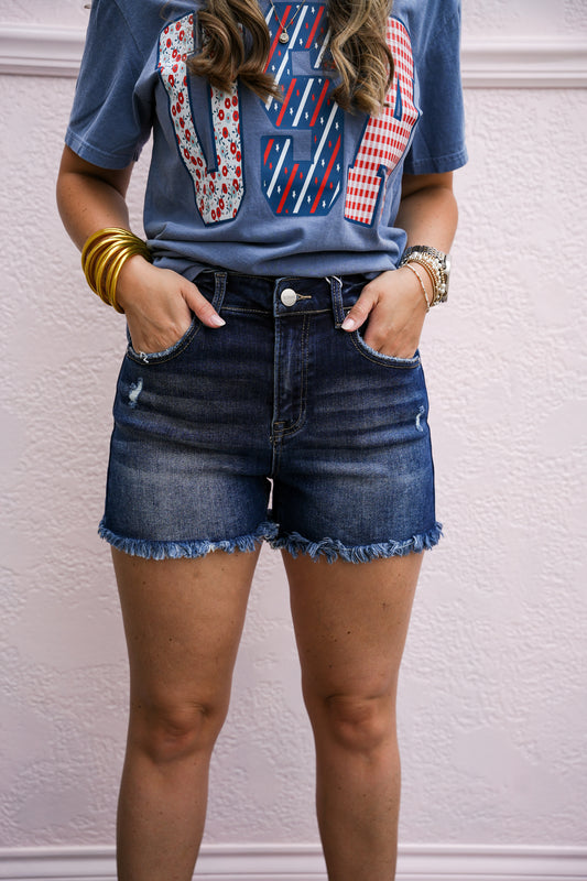 High Rise Fray Hem Shorts - Dark Wash