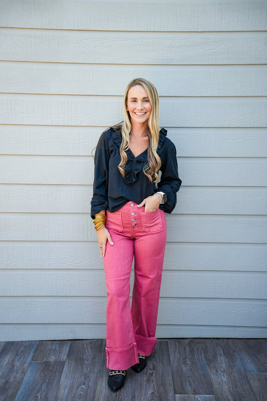 High Rise Wide Leg Front Patch Pocket Cuffed Pants - Brick