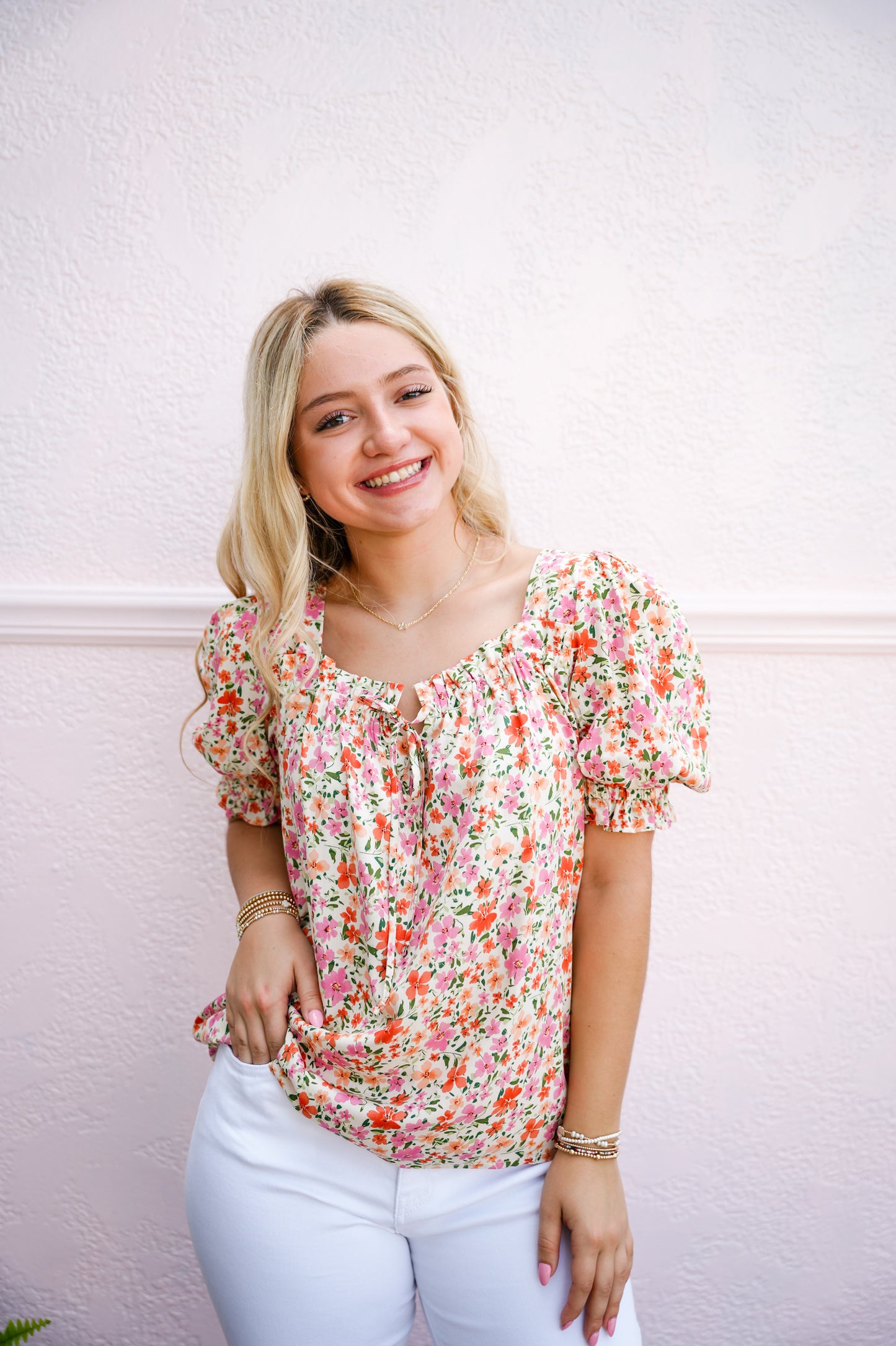 Pink Ivory Ruffled Tie Neck Blouse - Southern Belle Boutique