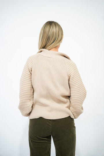 Taupe Half Zip Balloon Sleeve Sweater