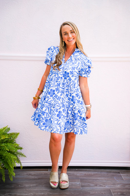 Blue Flower Print Tiered Dress