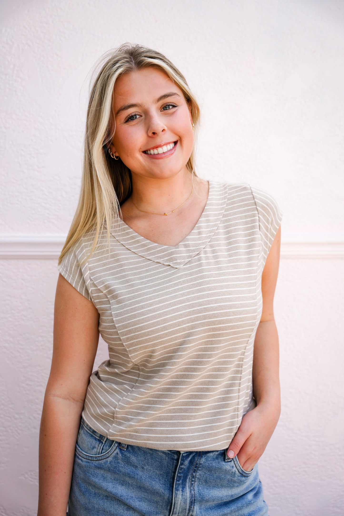 Taupe VNeck Hacci Striped Top - Southern Belle Boutique