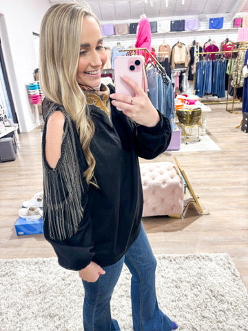Fringe Cold Shoulder Knit Sweatshirt - Southern Belle Boutique