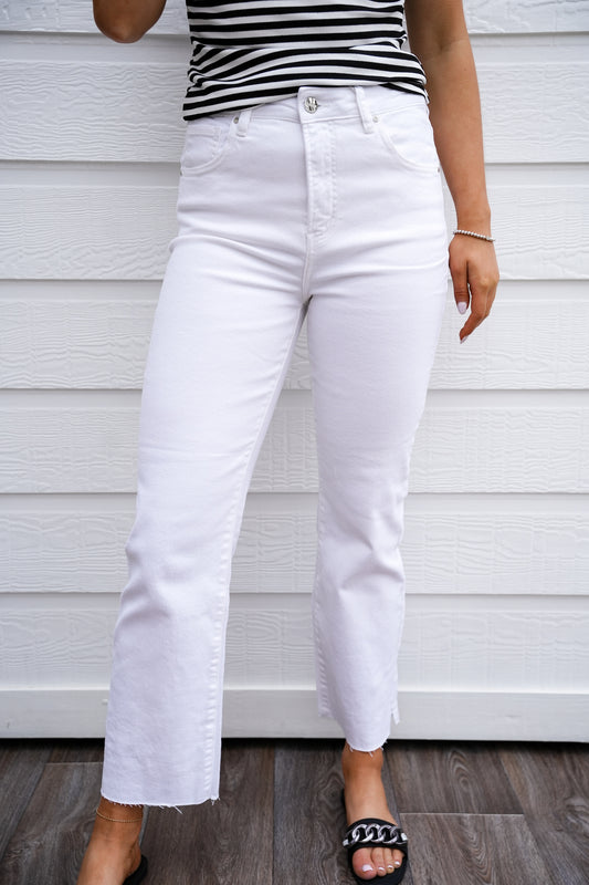 White Tummy Control High Rise Raw Hem Jean - Southern Belle Boutique