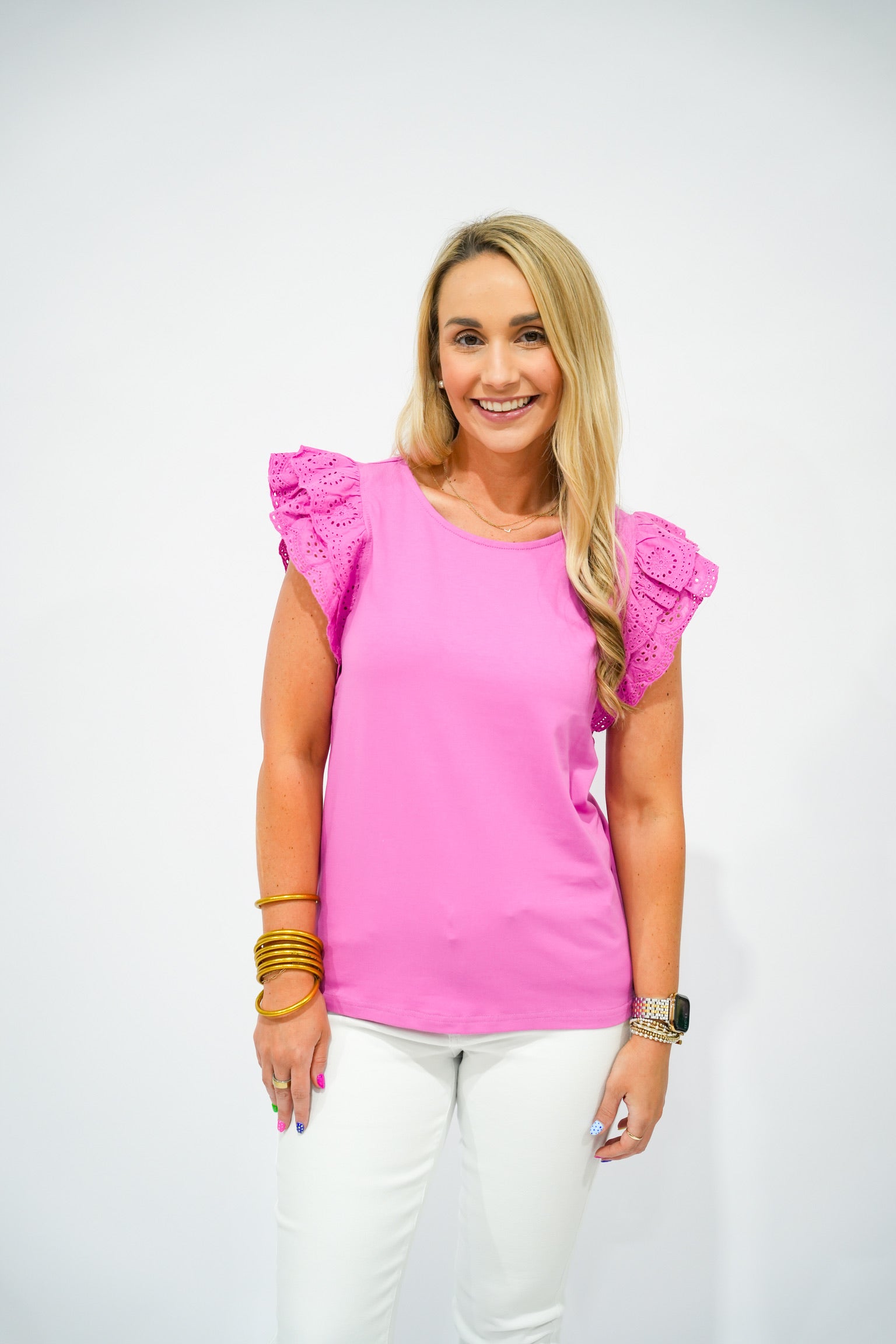 Hot Pink Eyelet Sleeve Top - Southern Belle Boutique