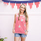 Star' Sequin Patched Stripe Round Neck Tank Top - White/Red