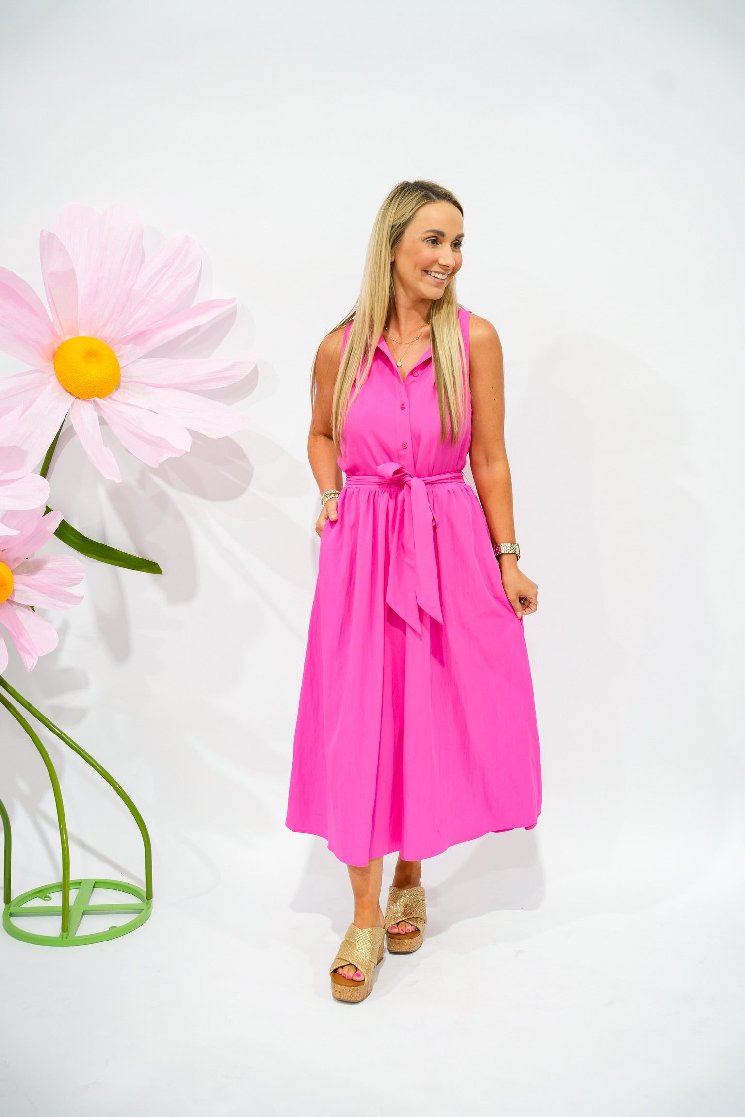 Hot Pink Sleeveless Maxi Shirt Dress - Southern Belle Boutique