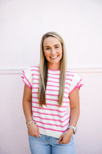 Pink White Striped Ruffle Sleeve Top - Southern Belle Boutique