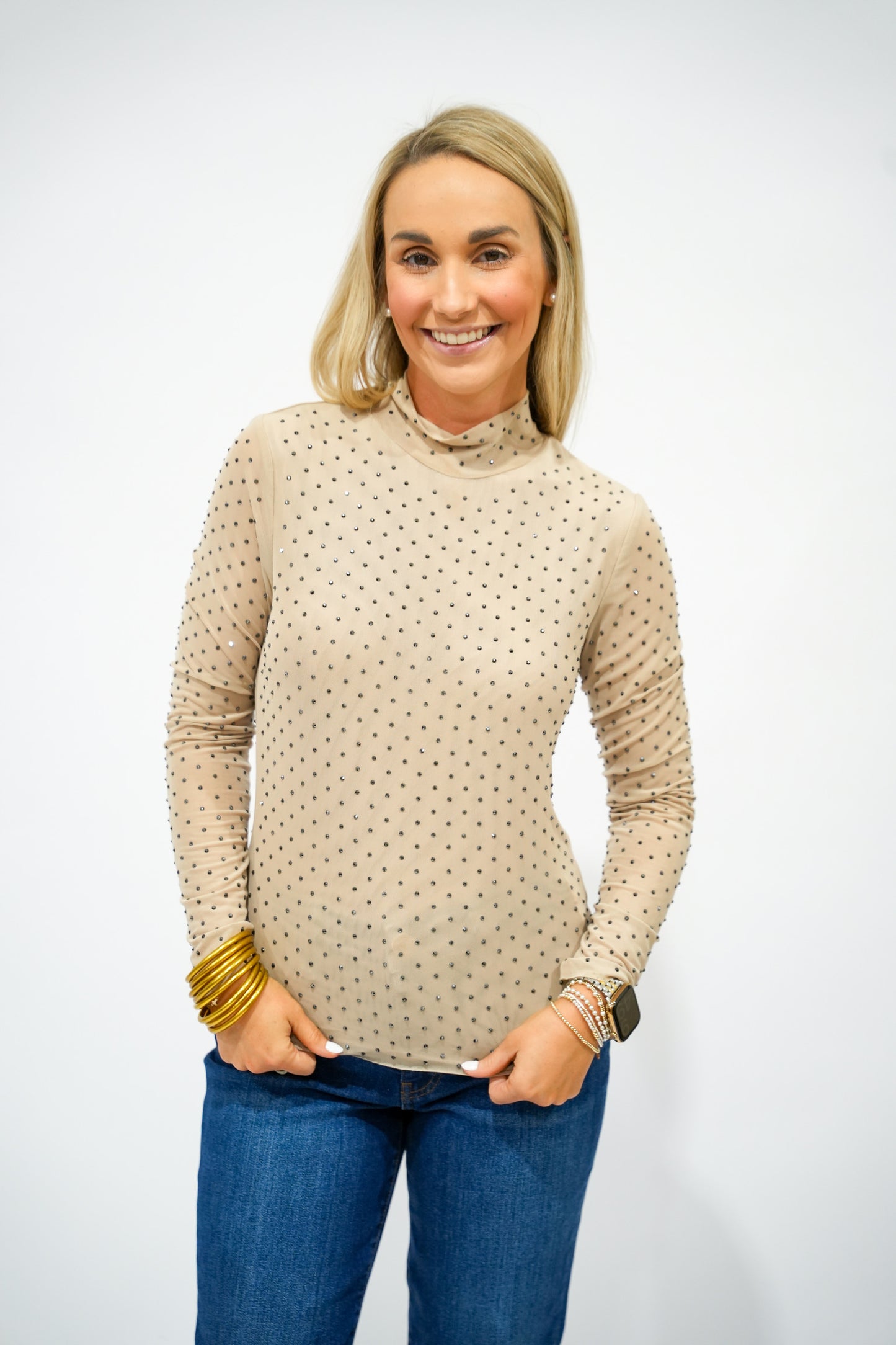 Embellished Mesh Mock Neck Top - Light Beige