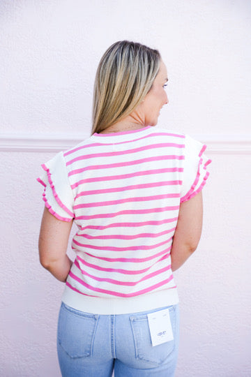 Pink White Striped Ruffle Sleeve Top - Southern Belle Boutique