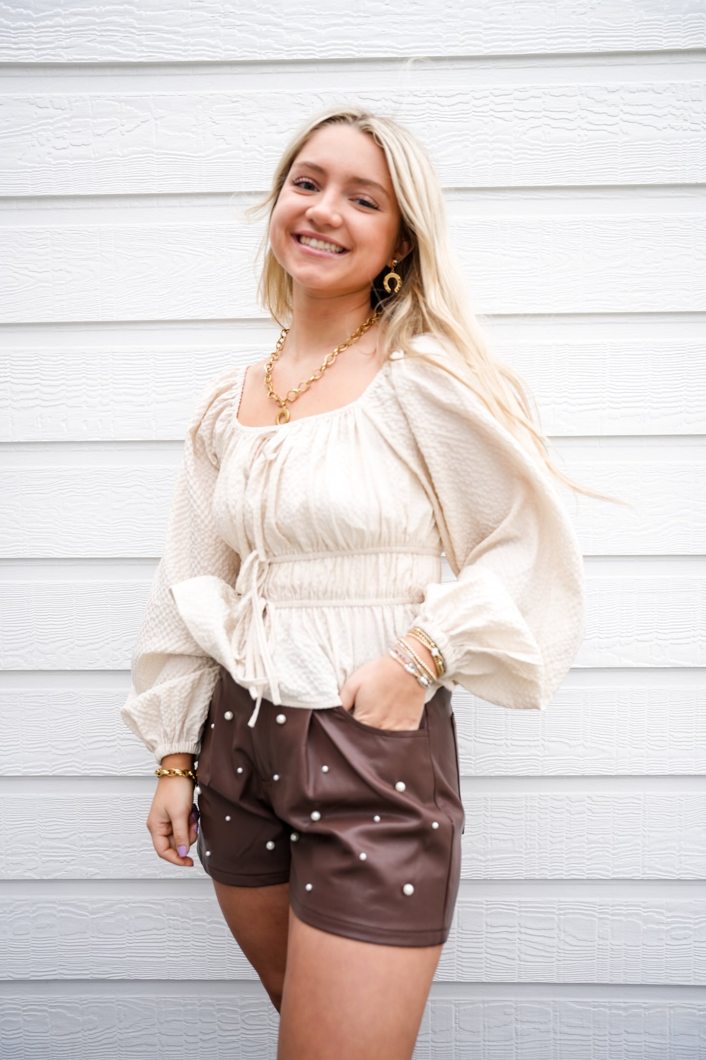 Choco Leather Shorts w/Pearls - Southern Belle Boutique