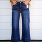 Tummy Control Mid Rise Crop Wide Pintuck Front Jeans - Deep Blue