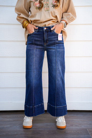 Tummy Control Mid Rise Crop Wide Pintuck Front Jeans - Deep Blue