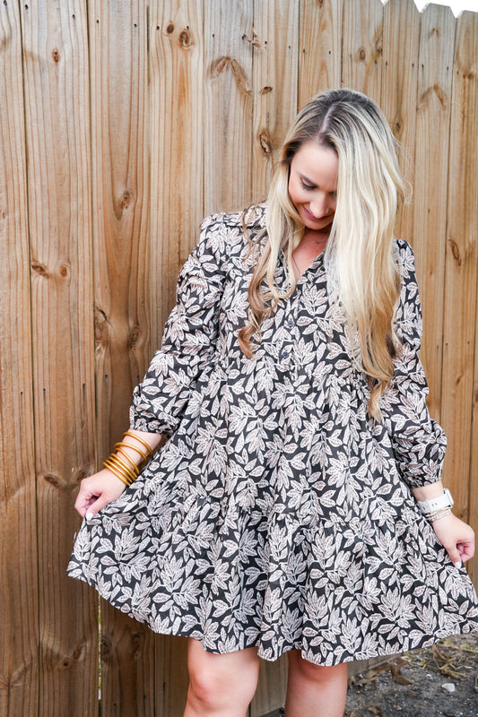 Leaf Print Poplin Mini Dress - Southern Belle Boutique