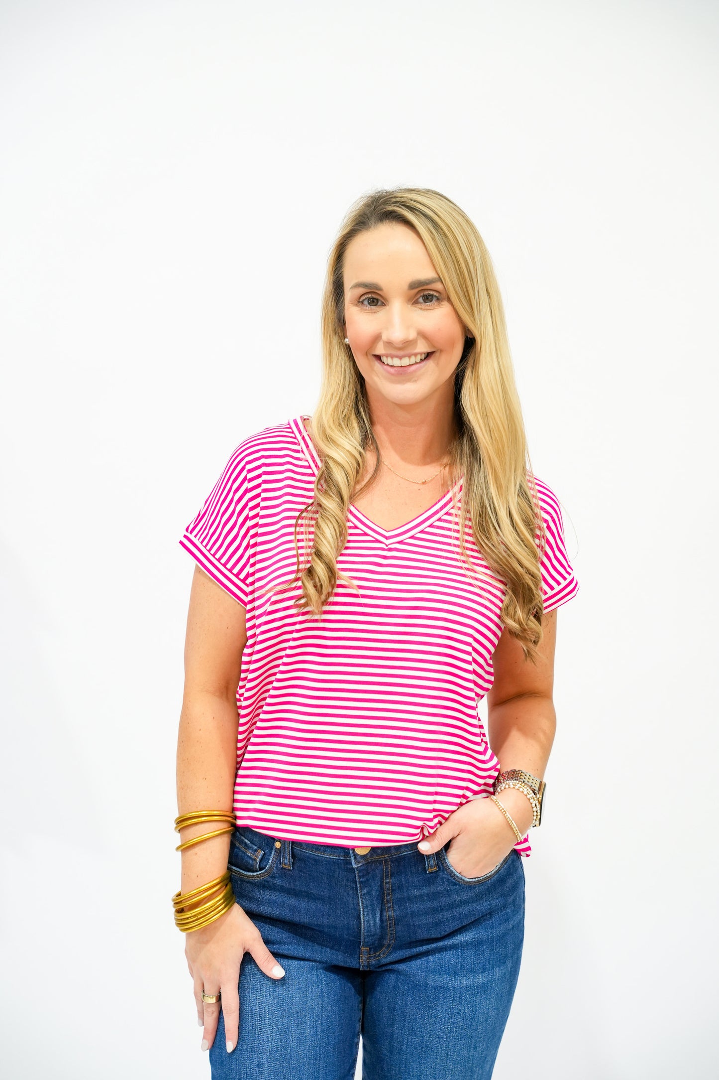 Fuchsia Striped VNeck Top - Southern Belle Boutique