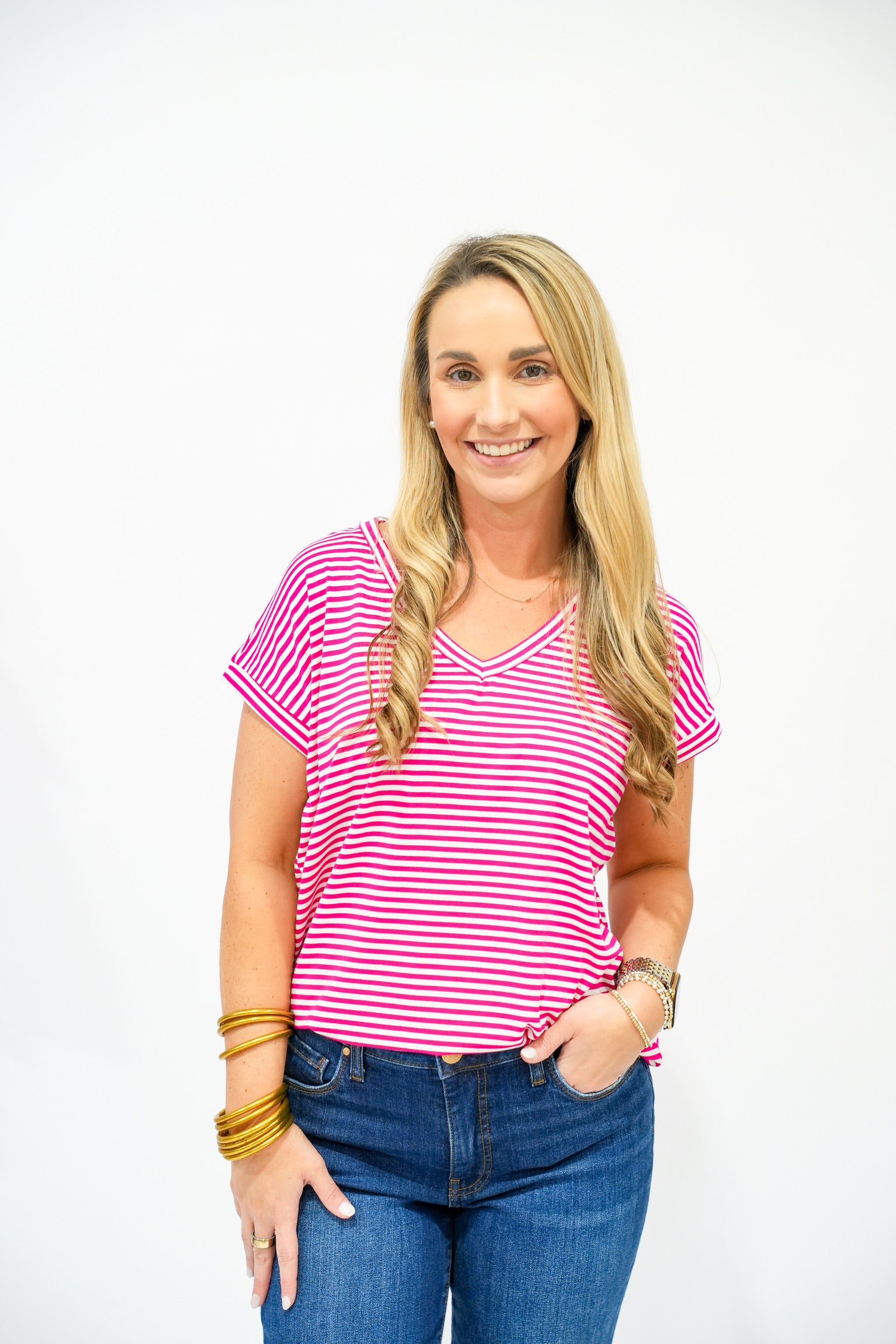 Fuchsia Striped VNeck Top - Southern Belle Boutique