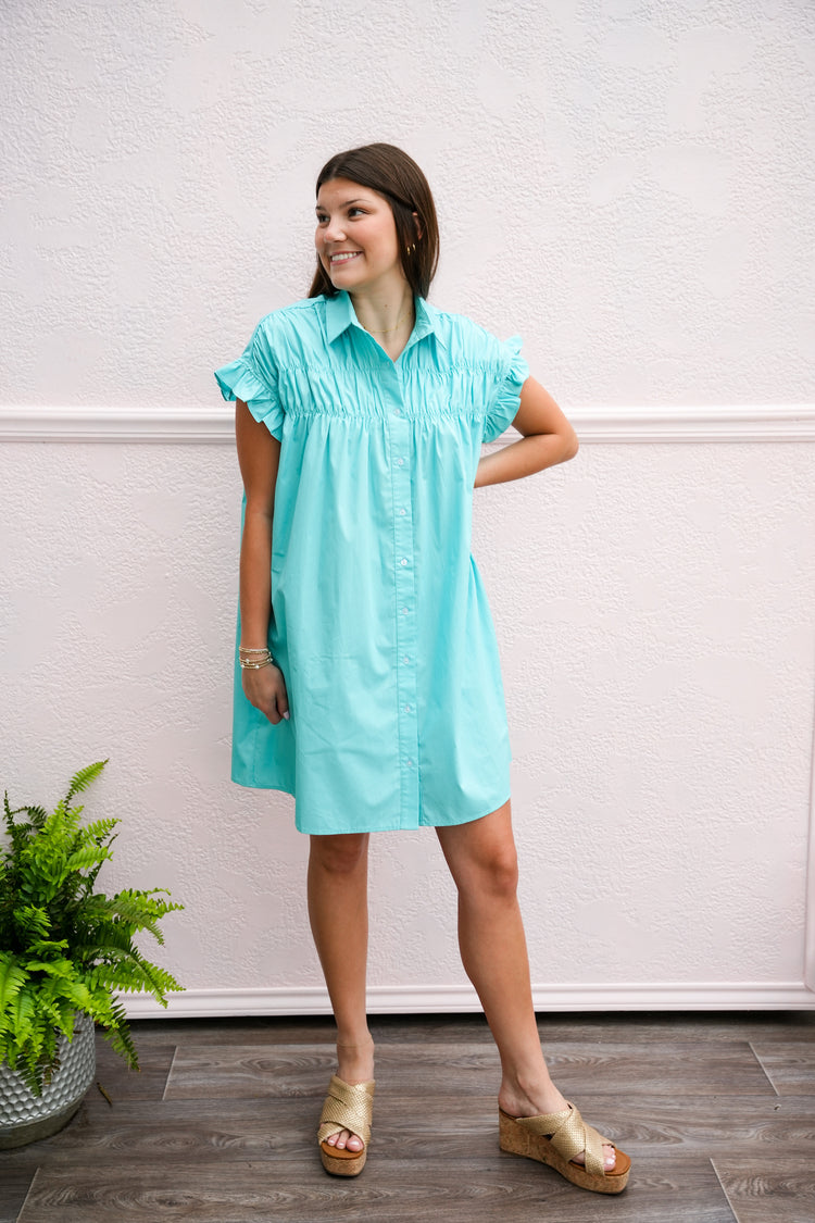 Turquoise Gathered Shirt Dress