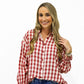 Burgundy Gingham Plaid Ruffle Cuff Shirt