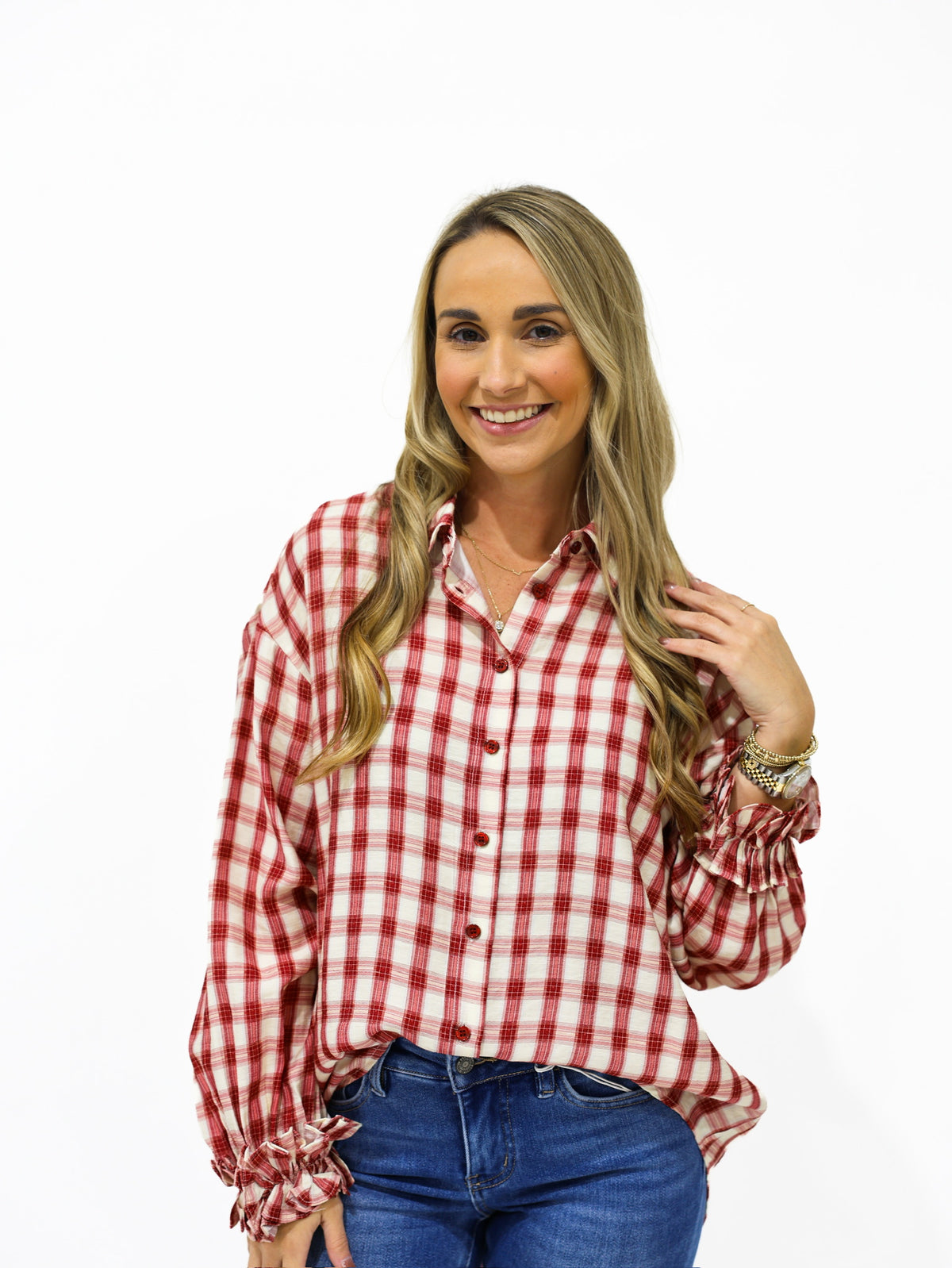 Burgundy Gingham Plaid Ruffle Cuff Shirt