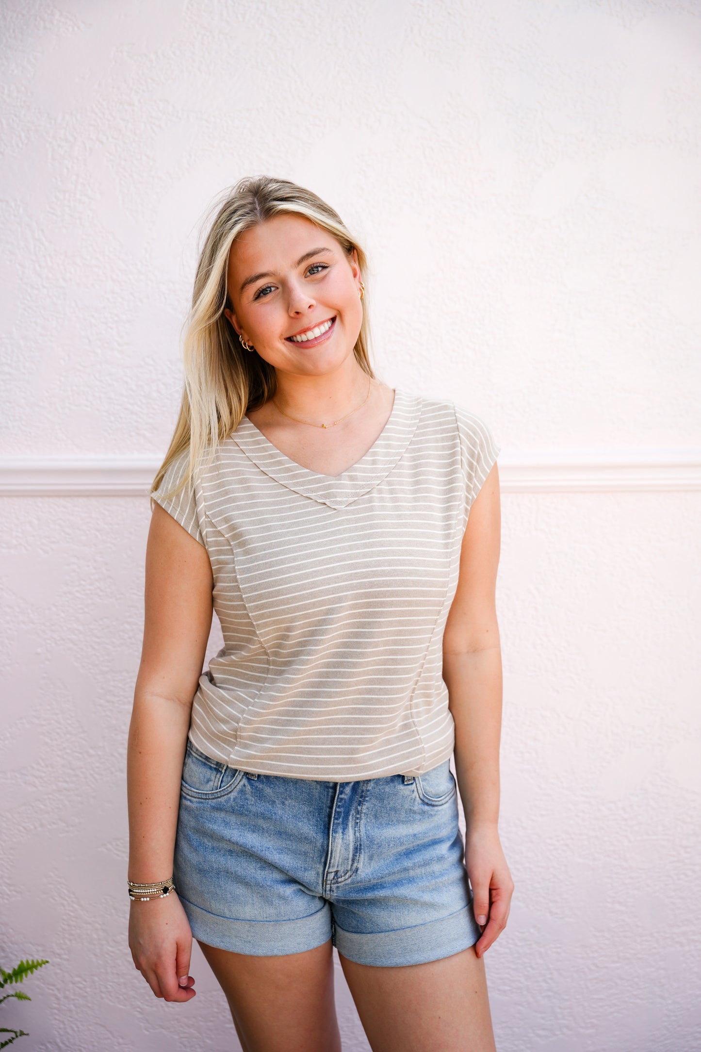 Taupe VNeck Hacci Striped Top - Southern Belle Boutique