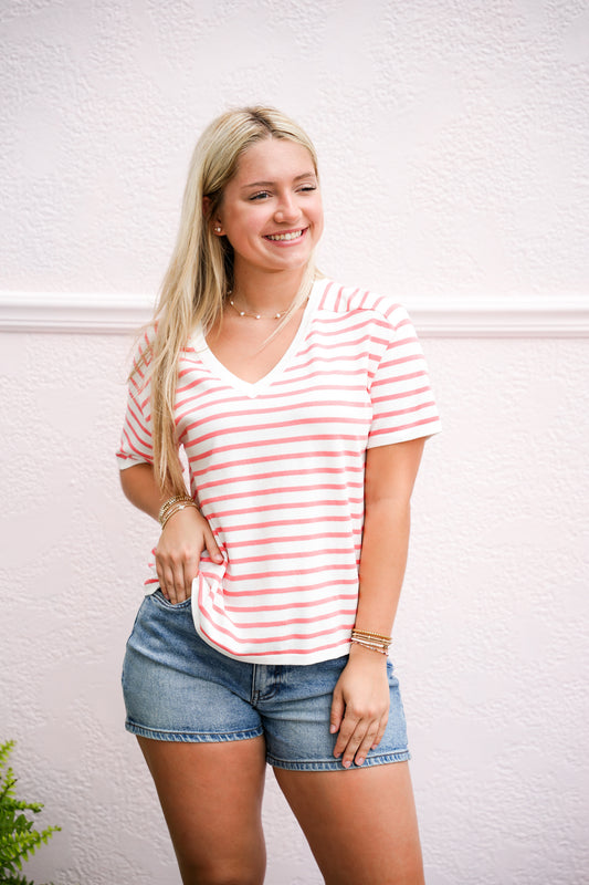 Ivory Coral Striped VNeck Sweater