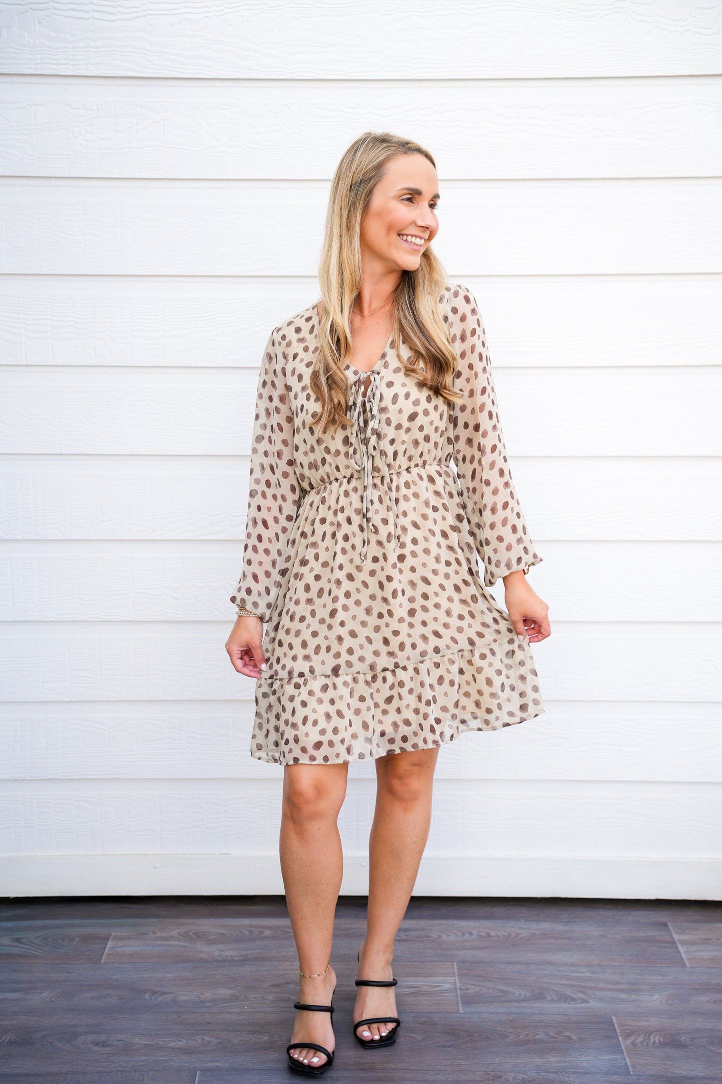 Tan Brown Spotted VNeck Front Tie Mini Dress