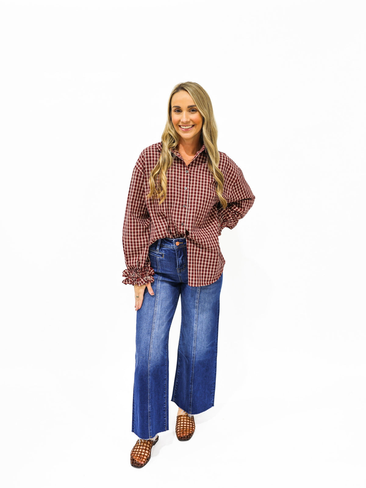 Burgundy Plaid Button Down Top - Southern Belle Boutique