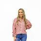 Burgundy Gingham Plaid Ruffle Cuff Shirt