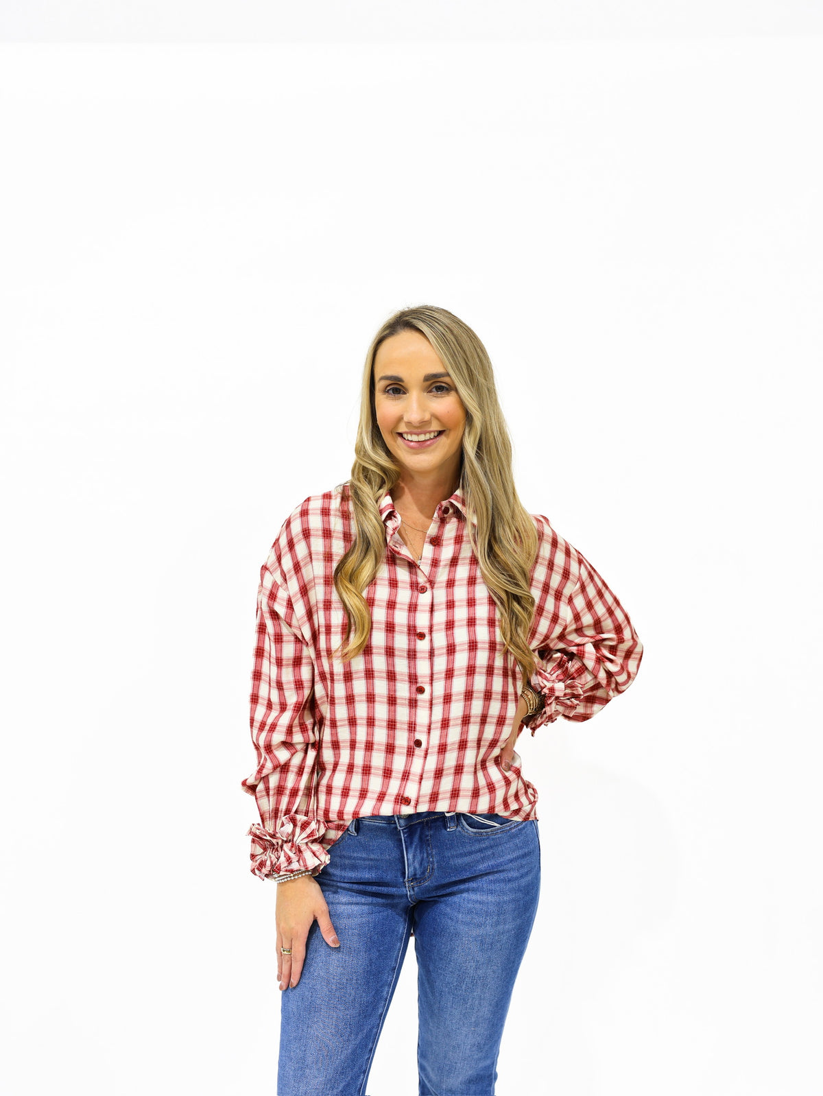 Burgundy Gingham Plaid Ruffle Cuff Shirt