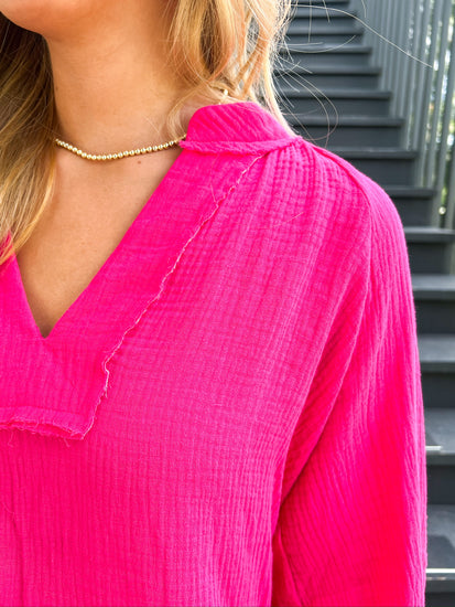 Hot Pink Gauze 3/4 Sleeve Top - Southern Belle Boutique