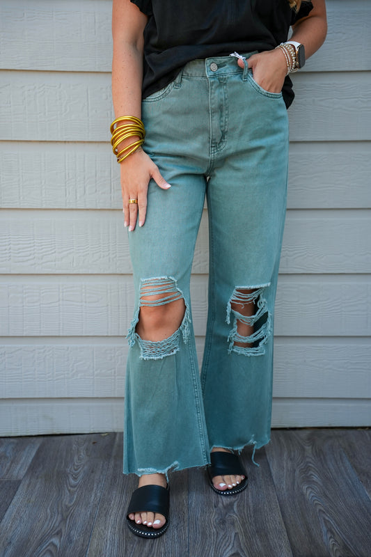 Army Green Vintage Crop Flare Jean