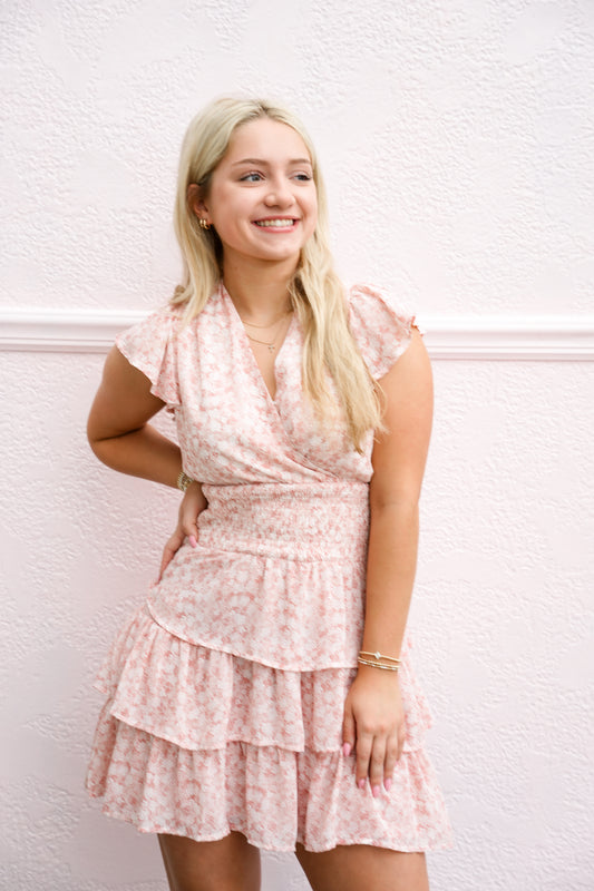 Floral Butterfly Short Sleeve Ruffle Mini Dress