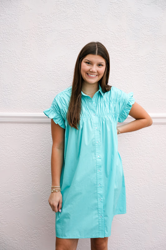 Turquoise Gathered Shirt Dress