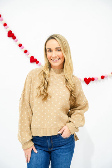 Heart Pattern Drop Shoulder Knit Pullover Sweater