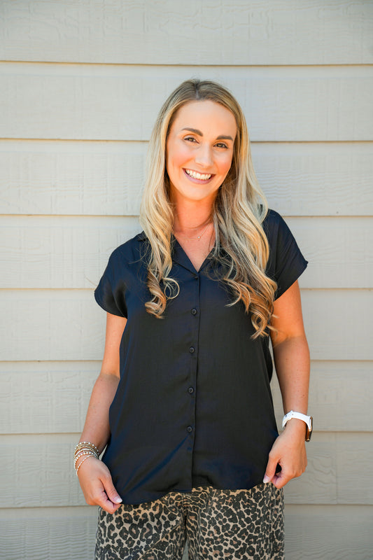 Button Down Cap Sleeve Shirt - Black - Southern Belle Boutique