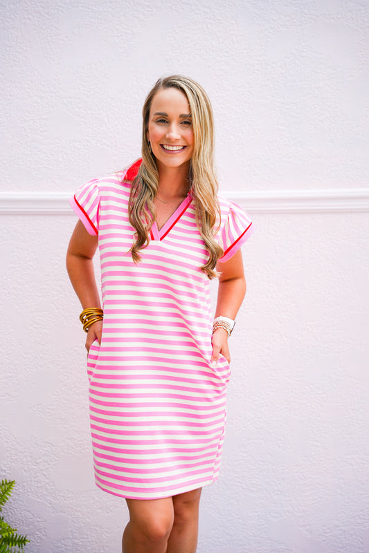 Pink Striped Contract Collar Dress
