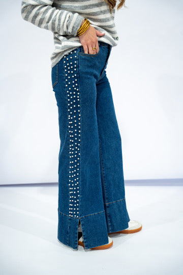 Mid Rise Flare Jean w/Split Cuff - Pearl Embellishment (Dark)