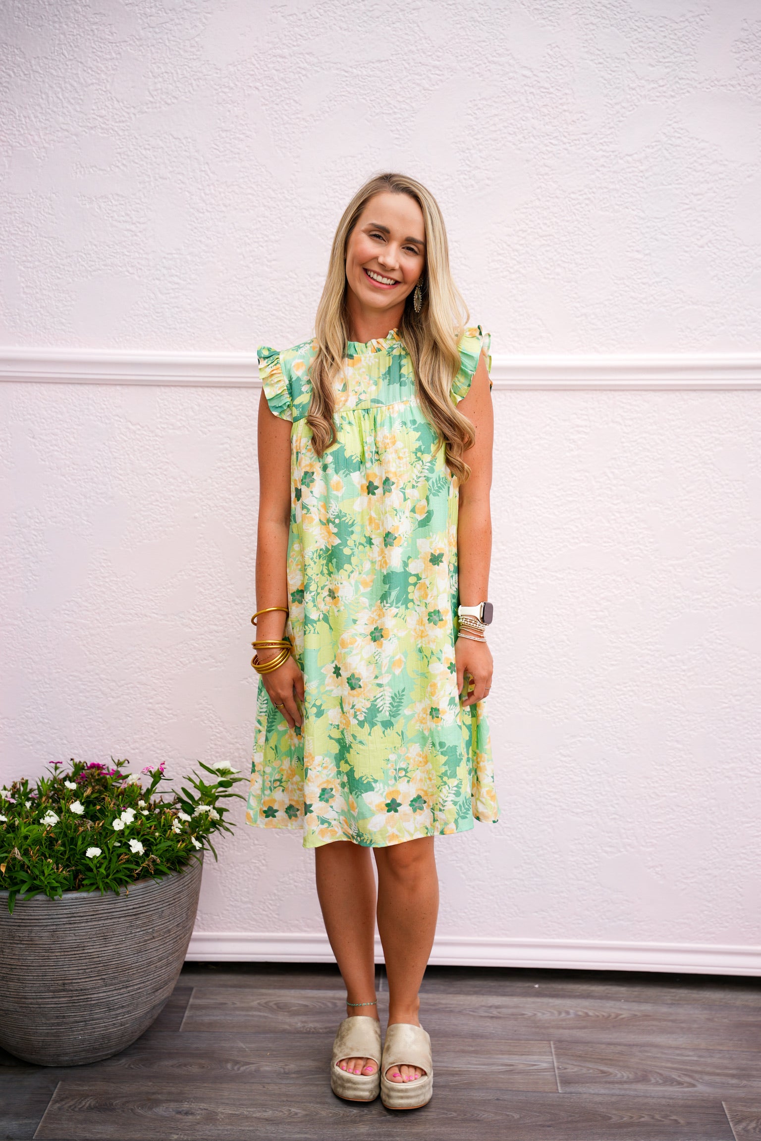 green floral babydoll dress This green floral babydoll dress brings a soft, fresh vibe to your look. Light and flowy, it's perfect for bright days and layering on cooler evenings. >> At This Time Floral