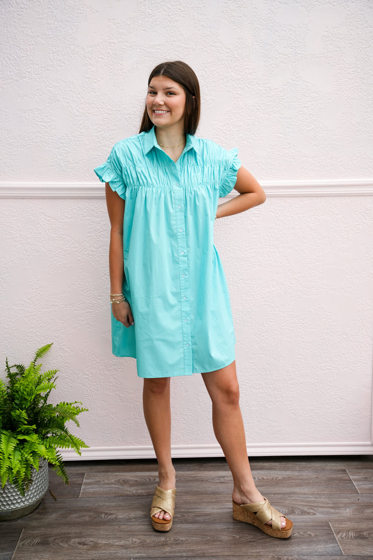 Turquoise Gathered Shirt Dress