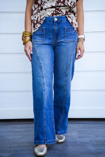 Charlotte HR Wide Leg Front Seam Patch Jeans - Vibrant