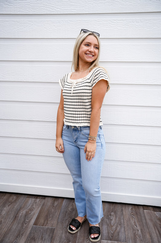 Cream Vintage Striped Crochet Knit Top - Southern Belle Boutique