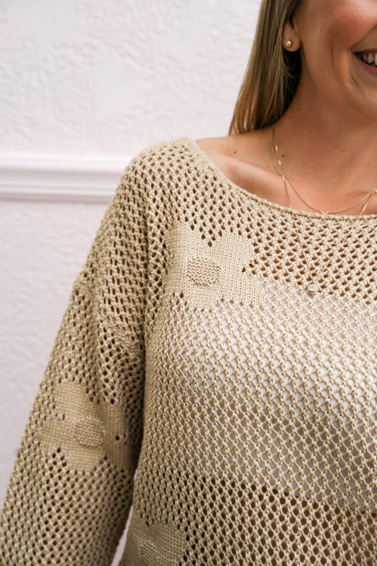 Beige Flower Crochet Stitch Sweater